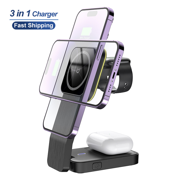 Foldable 3 in 1 Wireless Charger Stand with Ambient Lighting Max 15w Wireless Charger Manufacturer for Apple Wireless Series