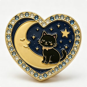 Épingle en métal plaqué or en forme de cœur avec motif chat noir, lune et étoiles, émail dur, alliage de zinc, thème animal, Saint-Valentin - Product Image 3