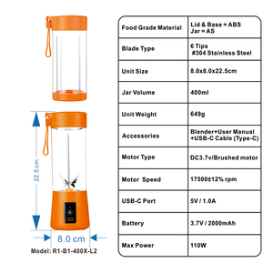 เครื่องปั่นน้ำผลไม้แบบพกพาขนาดเล็ก400มล. เครื่องปั่นสมูทตี้เครื่องทำสมูทตี้เครื่องปั่น2ถ้วยมิลค์เชคเครื่องใช้ในบ้าน - Product Image 2