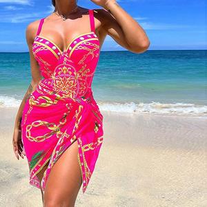 Traje de Baño Enterizo con Estampado sin Espalda y Pareo, Traje de Baño Vintage con Cadena para Busto Grande - Product Image 5