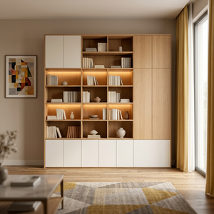 Libreria Moderna su Misura a Parete Intera in Legno, Armadio Espositivo Integrato per Soggiorno e Ufficio, Libreria Residenziale Su Misura - Product Image 3