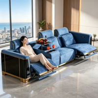 Canapé inclinable électrique de luxe 3 places avec table console, porte-gobelets, USB, velours bleu, finition dorée