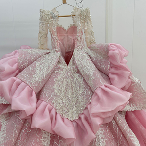 Vestido de Quinceañera Elegante WN082, Color Rosa, con Lentejuelas, Encaje, Apliques de Pedrería, Cintura Natural, Manga Larga, Estilo Princesa - Product Image 6