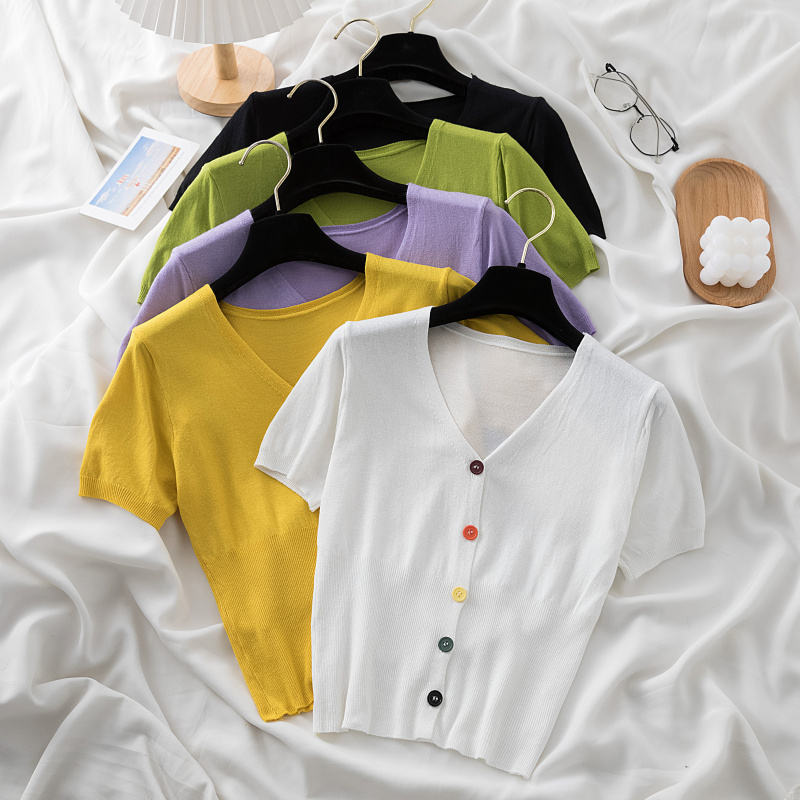 2022 New Arrival Girls Women Summer V-Neck Short Sleeve Knit T-Shirt Candy  Color Button Tops Simple Casual Knitwear Anti-Pilling