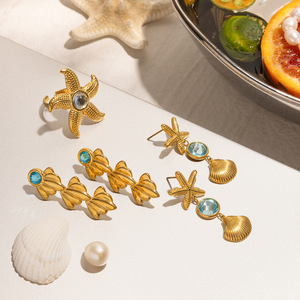 Boucles d'oreilles pendantes étoile de mer plaquées or avec pendentif coquillage et gemme bleue, bijoux de fête, accessoire de mode pour femme - Product Image 3