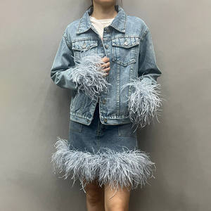 Gonne corte in Denim a vita alta Design personalizzato da donna minigonne in Denim <span class=keywords><strong>con</strong></span> rifilatura di <span class=keywords><strong>piume</strong></span> di struzzo - Product Image 2