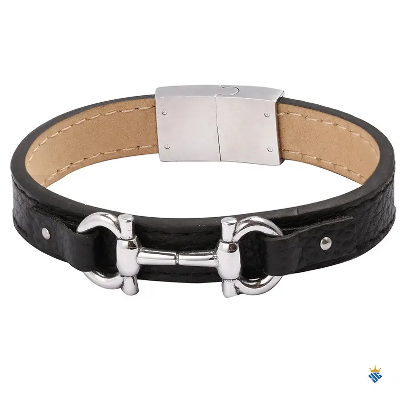 Man stainless steel nice bracelet black leather wrist monogram bracelet cuff