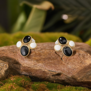 Fashion <b>Stud</b> <b>Earrings</b> 316L Stainless Steel PVD Gold Plating <b>Black</b> White Oval Design For Women Jewelry - Product Image 3