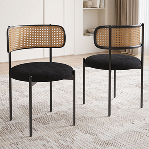 Best Selling <b>Dining</b> Room Kitchen Fabric Upholstered Rattan Back <b>Dining</b> <b>Chair</b> with Black Metal Legs - Product Image 3