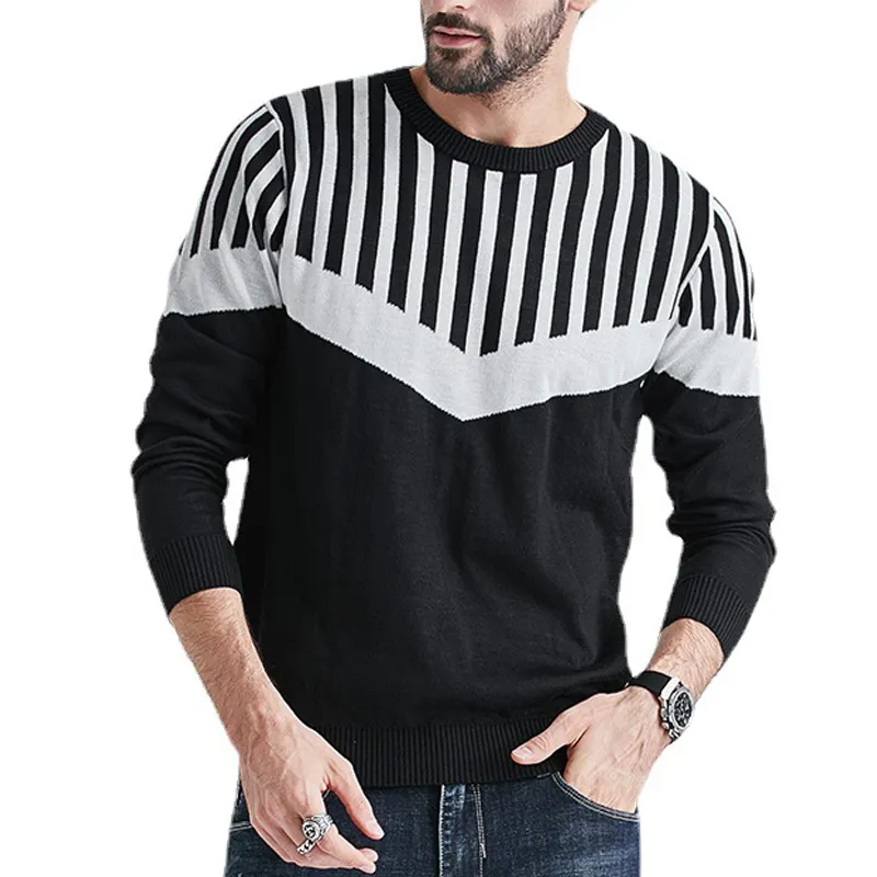 Vintage Crew Neck Striped Black Sweaters Knitted Clothes Mens Pullovers