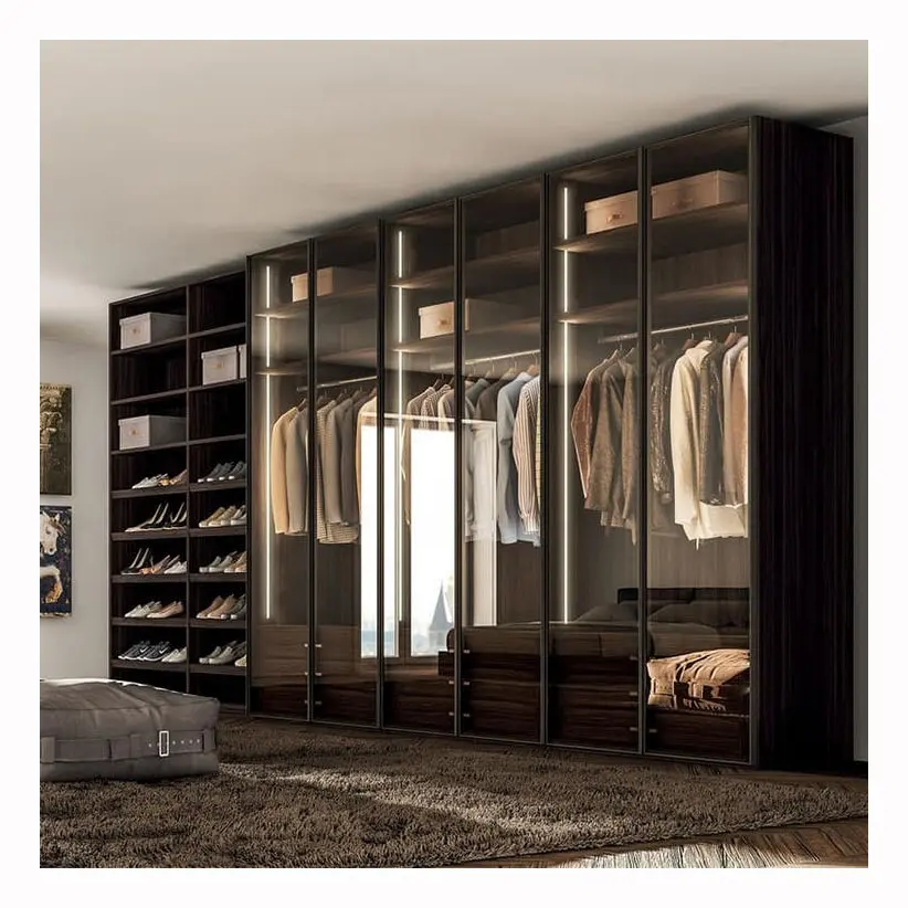 Luxe moderne portable lumière led marche vêtements organisateur placard armoire de rangement almirah garde-robe avec verre pour chambre