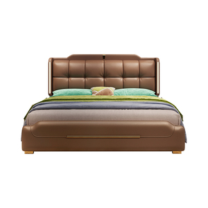 <span class=keywords><strong>Lit</strong></span> Queen Luxueux Moderne en Cuir Ambre Italien avec Ailes LED Intelligentes et Tiroir Hydraulique Rembourré – Vente en Gros - Product Image 5