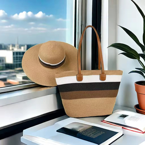 Sac fourre-tout d'été en paille grande capacité, qualité durable, rayures couleur naturelle, prix usine bas, ensemble sac de plage et chapeau – Offre spéciale - Product Image 2