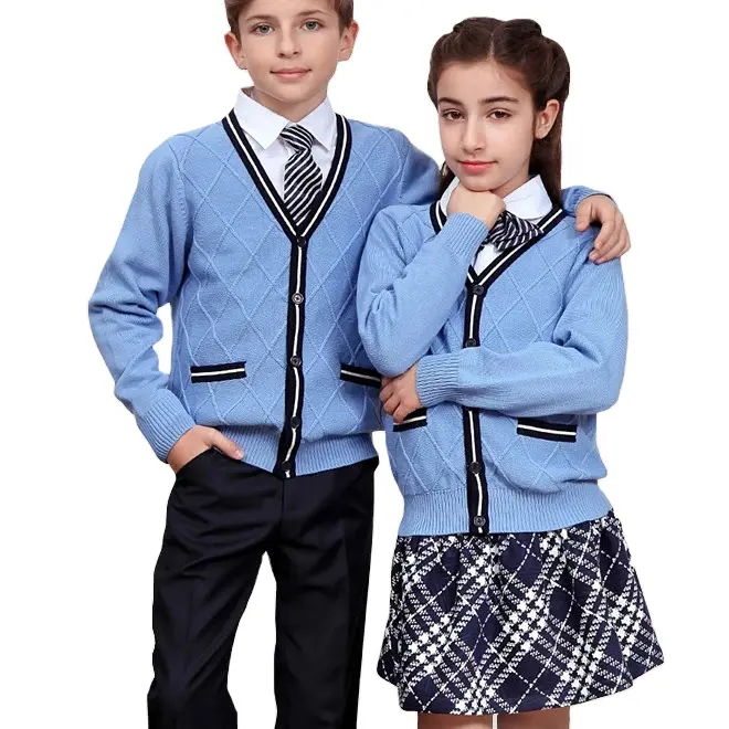 Nuevas faldas y pantalones de uniforme escolar a cuadros, venta al por mayor, suéter con cuello en V, cárdigan de punto para niños, suéteres para niños y niñas
