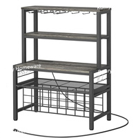 Mesa Moderna para Botellas de Vino con Tomacorriente, Mueble Bar de Vino Rectangular de Metal con Recubrimiento en Polvo, Soporte para Copas de Licor