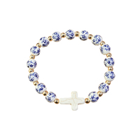 Nouveau style de bijoux ethniques chinois pour femmes, perles en céramique bleues et blanches de 8 mm, bracelet élastique en turquoise avec croix