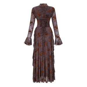 Abito Lungo da Cerimonia Primavera 2026, Design alla Moda, Stampa Floreale <span class=keywords><strong>Vintage</strong></span>, Sexy con Laccetti Posteriori, Maniche a Campana, Rosa e Grigio - Product Image 6