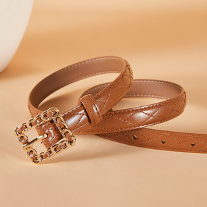 เข็มขัดหนังวัวแท้สำหรับผู้หญิงดีไซน์เนอร์พร้อมหัวเข็มขัดทรงสี่เหลี่ยมแนววินเทจทำจากโลหะอัลลอยสไตล์ตะวันตก - Product Image 1