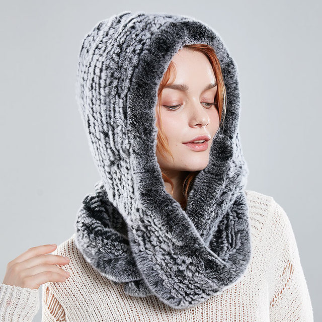 Wholesale Women Knitted Real Rex Rabbit Fur Hat Hooded Scarf Winter Hats for Woman  Warm Natural Fur Hat With Neck Scarves Set