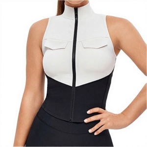 Combinaison de yoga sans manches à col montant pour femme avec fermeture éclair et poches, design color block, coupe active extensible - Product Image 2