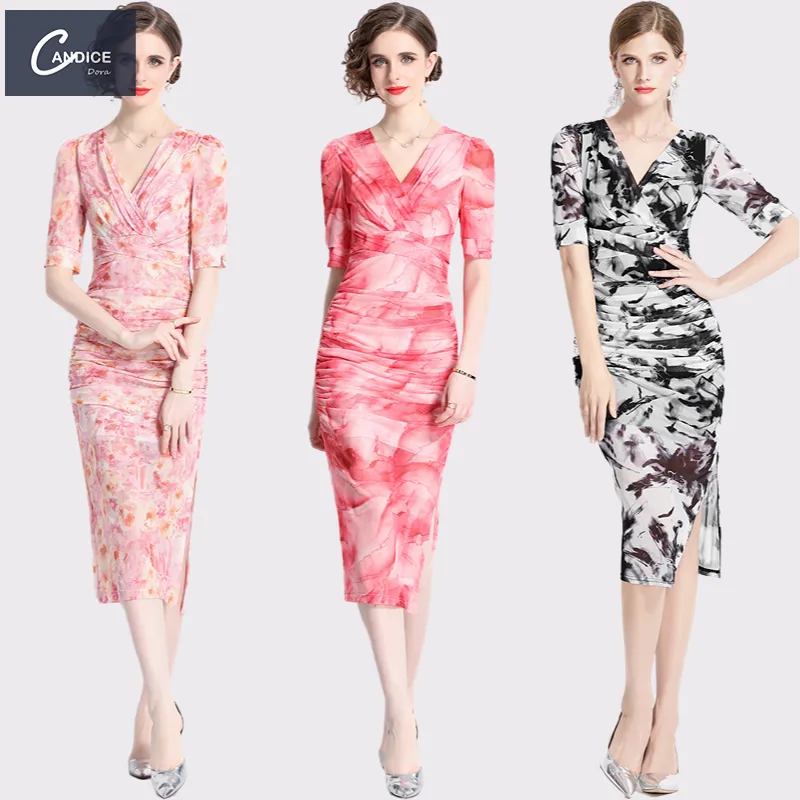 Candice atacado casual v pescoço ruched impresso chiffon verão floral bodycon vestido mulheres