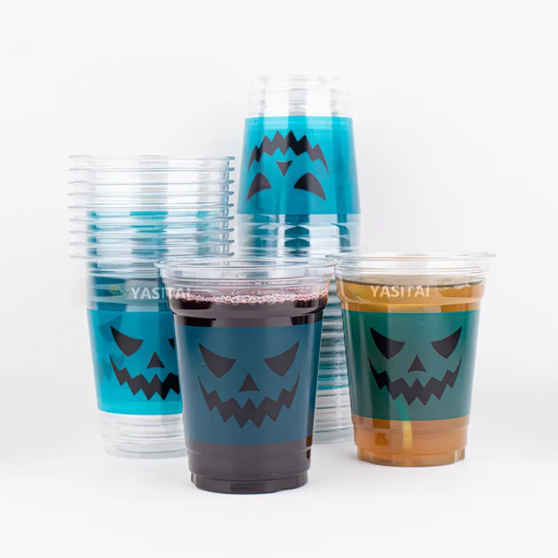 Precio de fábrica 16oz New Happy Halloween PET desechables de plástico transparente boba Tea helados tazas con tapas