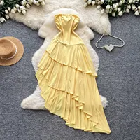 Robe longue élégante sans manches en jaune uni pour les vacances d'été, coupe ample, emballage personnalisé en gros