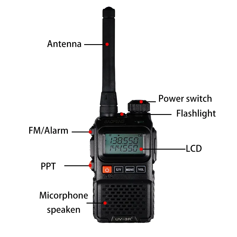 Handheld Ht Baofeng UV-3R + Walki Talki <span class=keywords><strong>Set</strong></span> Radio Dua Arah Berjalan Berbicara Dual Band 136-174M Hz & 400-470M Hz BF Uv3r