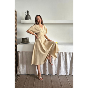 Vestido de Lino Beige con Cuello en V, Cierre de Botones Delanteros, Cintura Baja, Largo hasta la Rodilla, Estilo Europeo para Oficina, Disponible en Tallas XS a XL - Product Image 4