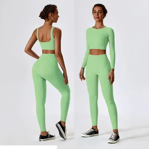 2023 Custom Active wear Set donna gym Workout Seamless Ribbed Yoga Set u Neck Yoga Set Pink Gym abbigliamento Workout Fitness Outfit