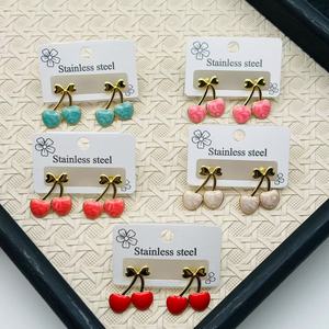 Hot-selling Oil-drop Style Cherry Simulated Sweet 18k Gold Stainless Steel <b>Red</b> Green <b>Earrings</b> Wholesale - Product Image 1