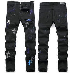 رويشي هاي ستريت أسود للشباب عبر شارة طماق تمتد ممزق التصحيح نحيل الجينز سراويل الرجال - Product Image 1