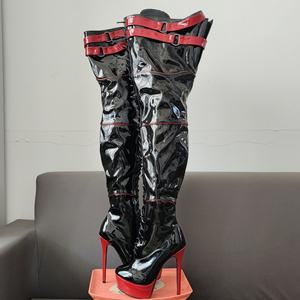 Bottes hautes pour femmes à plateforme épaisse, grande taille 47, montantes jusqu'au-dessus du genou, à lacets, découpées, longues, en cuir verni rouge patchwork - Product Image 5