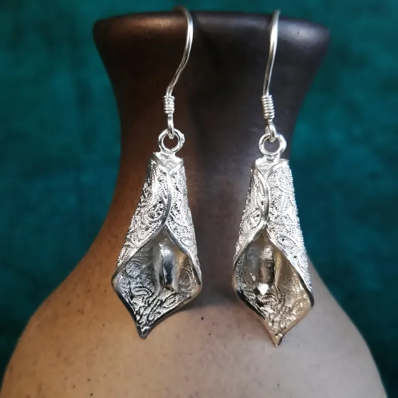 hmong miao handmade earring 999 silver jewelry dangle earrings Calla Lily flower drop earring