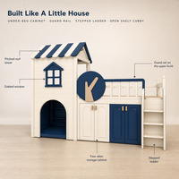 Lit mezzanine pour enfants en bois massif avec rangement, design décalé, cadre en bois courbé multifonctionnel et gain de place, avec barrières de sécurité et échelle.