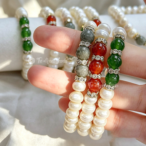 Muses Jewels Armband aus natürlichen weißen Süßwasserperlen, 7–8 mm, barocke elastische Schnur, mehrfarbige Steinarmreifen mit Diamanten-Intarsien - Product Image 4