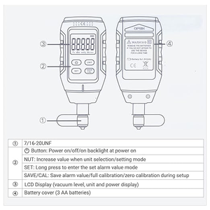 Değer aracı VMV-1 dijital vakum ölçer, 0-30000 mikron aralığı, 2% doğruluk, 7/16-20UNF arayüzü - Product Image 5
