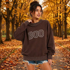Sweat-shirt oversize tendance pour femme, col rond, imprimé lettres universitaires, bordure à pois, style Halloween effrayant, collection automne-hiver - Product Image 3