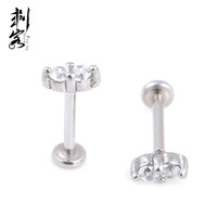 Labret en acier chirurgical 316L plaqué or, style push-in, pour fiançailles et mariage, avec 2 CZ sans filetage