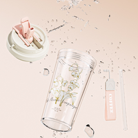 Gelas Plastik PC Transparan Custom Motif Bunga Grosir, Mug Kopi dengan Tutup dan Pegangan, Cuci Tangan Saja, Logo Warna Custom, Tahan Air Panas