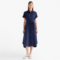 Robe chemise de bureau pour femme, rayée marine, manches courtes, boutonnée devant, taille nouée, longueur midi, avec poches