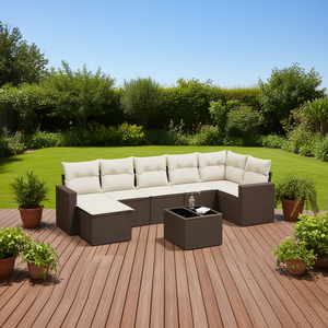 Set di divani da giardino in polyrattan, 8 pezzi, mobili da esterno marroni con cuscini, stile contemporaneo - Product Image 2