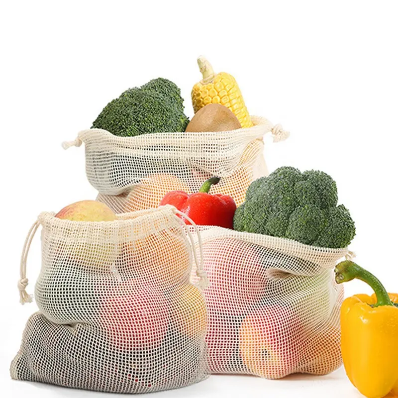 Environmental friendly mesh drawstring bag for grocery shopping fruit vegetable cotton mesh laundry bag washable