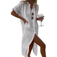 Robe longue en lin pour femme, style kimono, décontractée, à manches courtes, avec boutons, idéale comme cache-maillot de bain, concept simple pour le dropshipping