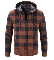 Veste en tricot épaisse à capuche et fermeture éclair pour homme, style décontracté à carreaux, manteau chaud pour l'automne et l'hiver