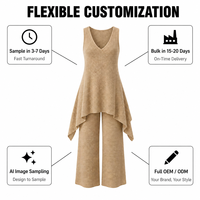 Ensemble 2 pièces OEM personnalisé pour femme : Haut tricoté sans manches col en V à ourlet asymétrique et pantalon long à jambes larges – Vente en gros OEM ODM