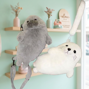 Cute Vintage Lady <b>Plush</b> Seal Crossbody Bag Faux Fur Zip Single Shoulder Cartoon Design Portable Daily Use All Gray White 7 Inch - Product Image 2