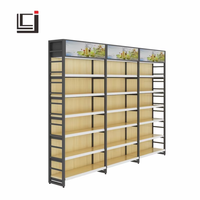 Étagère de supermarché en acier noir avec panneau latéral en bois et panneau latéral en maille, présentoir de rangement avec boîte lumineuse