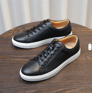 Black Genuine <b>Leather</b> Lace-up <b>Sneakers</b> Round Toe Rubber Outsole EVA Midsole All Seasons Style - Product Image 3