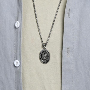 Virgin Mary Pendant Necklace Men's Titanium Steel Oval Religious Charm Gift Jewelry Fashion <b>Chain</b> Street Style Punk Look - Product Image 3